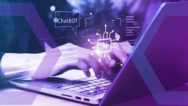 A professional interacts with a Generative AI interface, symbolizing the need for Control & Compliance. This image represents the automatic enforcement of data protection policies in GenAI, such as blocking sensitive uploads and guiding users to approved tools.
