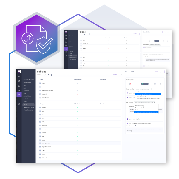 User interface screenshots of a data security policy dashboard showing policy categories, default actions, and exceptions for file types and Microsoft Office macros.