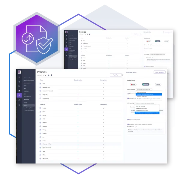 User interface screenshots of a data security policy dashboard showing policy categories, default actions, and exceptions for file types and Microsoft Office macros.