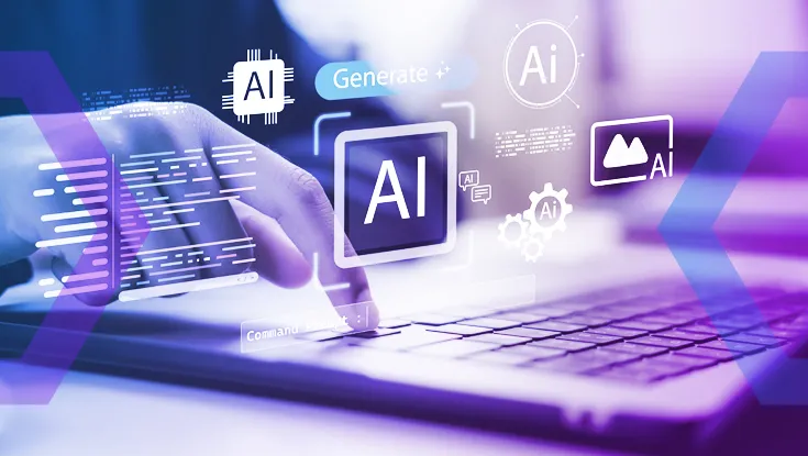 A futuristic graphic of a hand pointing at a laptop, with a glowing purple and blue AI interface floating above it showing data analysis and icons.