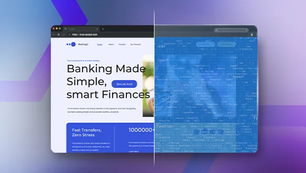 A visual of a secure cloud browser solution, showing a banking website. A vertical line scans the page, revealing the complex, secure code underneath the simple user interface