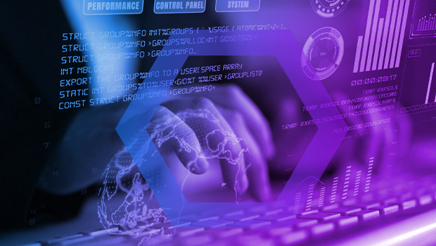 A high-tech dashboard showing a secure cloud browser product at work. Hands are typing on a futuristic keyboard, illustrating the solution processing code and security data.