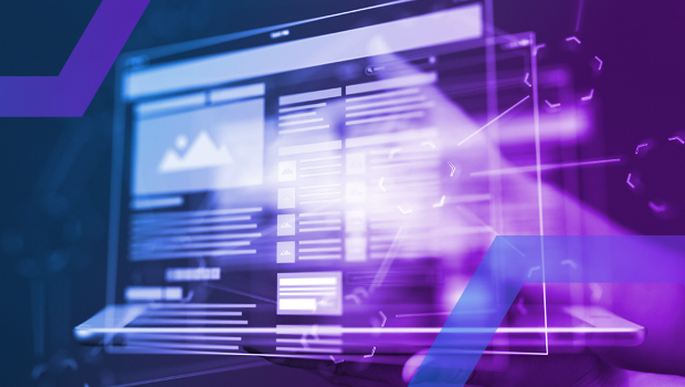 A modern laptop with a holographic data display, symbolizing the power of endpoint rendering. This image represents how Menlo ACR delivers safe HTML to the endpoint, replacing legacy RBI and dramatically reducing bandwidth consumption.