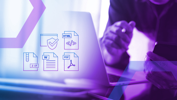 A person typing on a laptop with icons of various files (PDF, Word, ZIP) floating above, symbolizing how Advanced Cloud-based Browser Security verifies and secures all rich content, like images and video, in the cloud before transmission to the user.