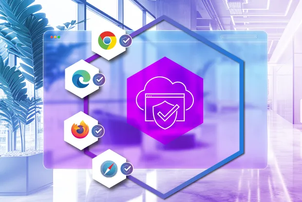 A diagram showing a secure cloud icon connecting to various browsers like Chrome, Firefox, and Edge. This image represents 'Any Browser, Any Application' support, where cloud-based security works for all web apps and supports every browser without compromising productivity.