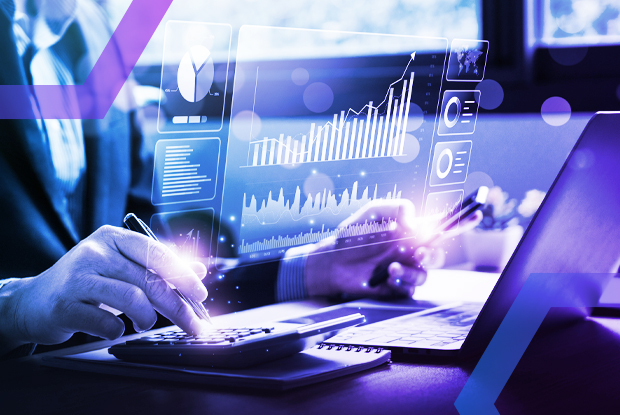 A financial professional at a credit union analyzes data, representing how Menlo Security eliminates file-borne email threats. The image, showing data analytics, symbolizes the protection of sensitive PII and PCI data from exfiltration.