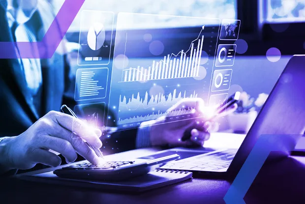 A financial professional at a credit union analyzes data, representing how Menlo Security eliminates file-borne email threats. The image, showing data analytics, symbolizes the protection of sensitive PII and PCI data from exfiltration.