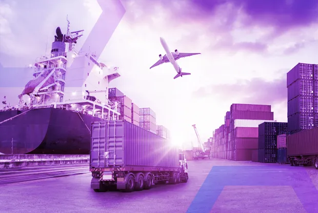 A busy shipping port with a cargo ship, truck, and airplane, representing a major international shipping company. This image symbolizes how Menlo Security solves complex file security challenges across cloud (Microsoft Azure) and internal infrastructures, enabling the company to receive safe files from its 800+ subsidiaries.