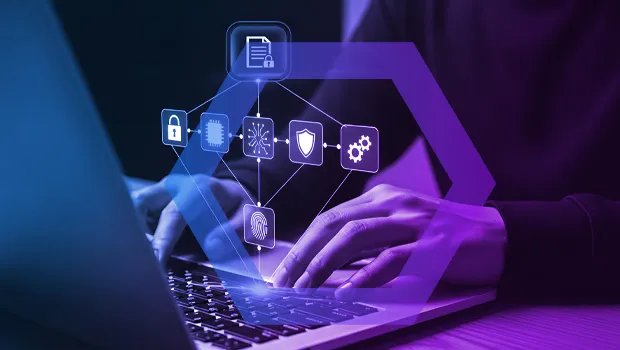 A person's hands on a laptop with a high-tech overlay showing a secure cloud and fingerprint icon, symbolizing 'Zero Trust Principles'. This represents how Menlo eliminates zero-day threats from AI platforms and LLMs, enabling technology consolidation.