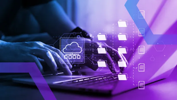 A professional works on a laptop with a diagram showing various file types flowing into a secure cloud. This symbolizes 'No Loss in Productivity,' as advanced sanitization technology safely delivers complex file types without causing latency or fidelity loss."