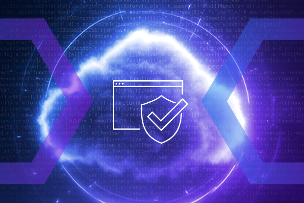 A secure browser icon with a checkmark over a cloud, symbolizing 'Menlo Threat Prevention and Secure Application Access'. This represents how the Secure Cloud Browser prevents threats by removing active code and sending only safe HTML to internal applications.