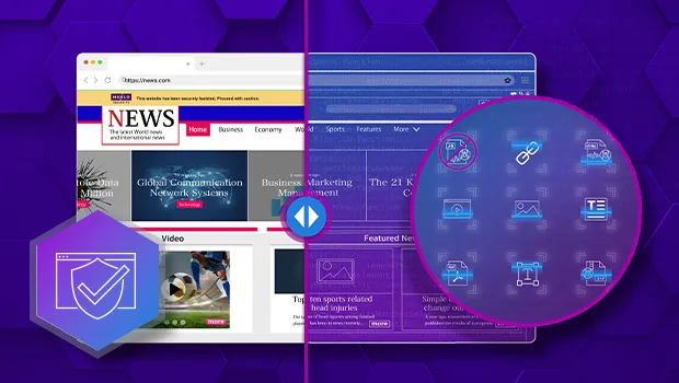 A diagram visualizing Proactive Browser Isolation, showing how a 'hardened digital twin' browser (represented by code) is separated from the user's clean website view. This symbolizes how Menlo sends only safe, sanitized HTML to the endpoint.