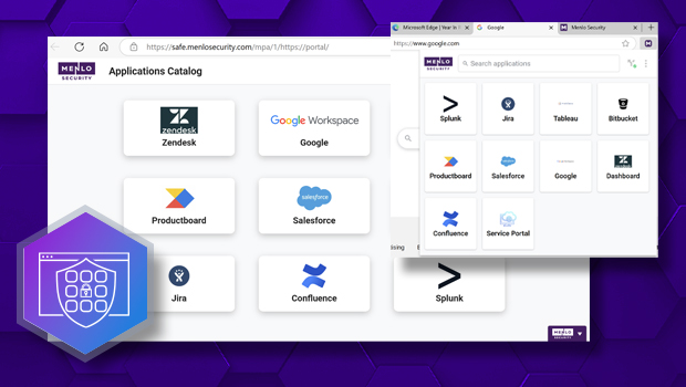 Screenshot of the Menlo Secure Application Access portal providing agentless zero trust access to an 'Applications Catalog' of apps like Zendesk, Google Workspace, and Salesforce.