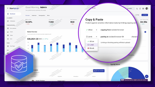 A screenshot demonstrating Menlo's browser-centric DLP, which prevents data leakage from a SaaS app by applying granular 'Copy & Paste' controls to 'Allow', 'Limit', or 'Block' data.