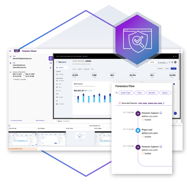 A screenshot of the Menlo Security 'Forensic Viewer' dashboard, which demonstrates application access control and user activity monitoring. The interface displays data on user sessions, security policies, and 'Browsing Forensics' to provide visibility and enforce zero trust access rules.