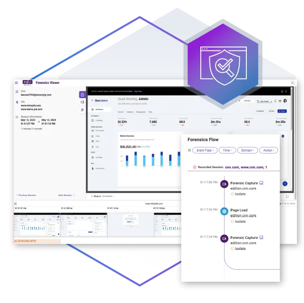 A screenshot of the Menlo Security 'Forensic Viewer' dashboard, which demonstrates application access control and user activity monitoring. The interface displays data on user sessions, security policies, and 'Browsing Forensics' to provide visibility and enforce zero trust access rules.