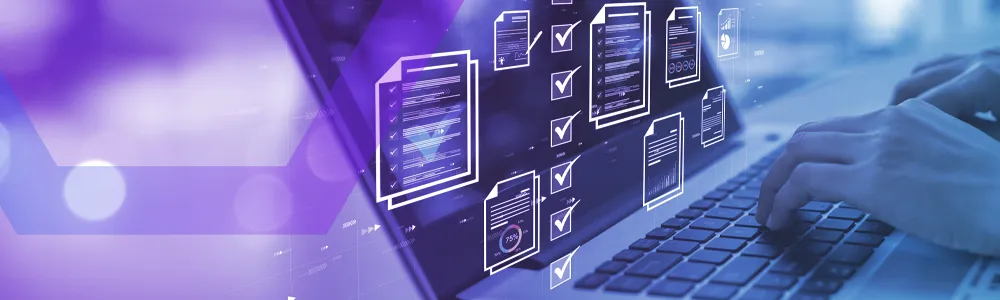A person's hands type on a laptop, which is overlaid with floating, holographic icons of secure documents and checklists. This visual represents achieving data control and visibility without compromising user productivity, a key capability of zero trust security.
