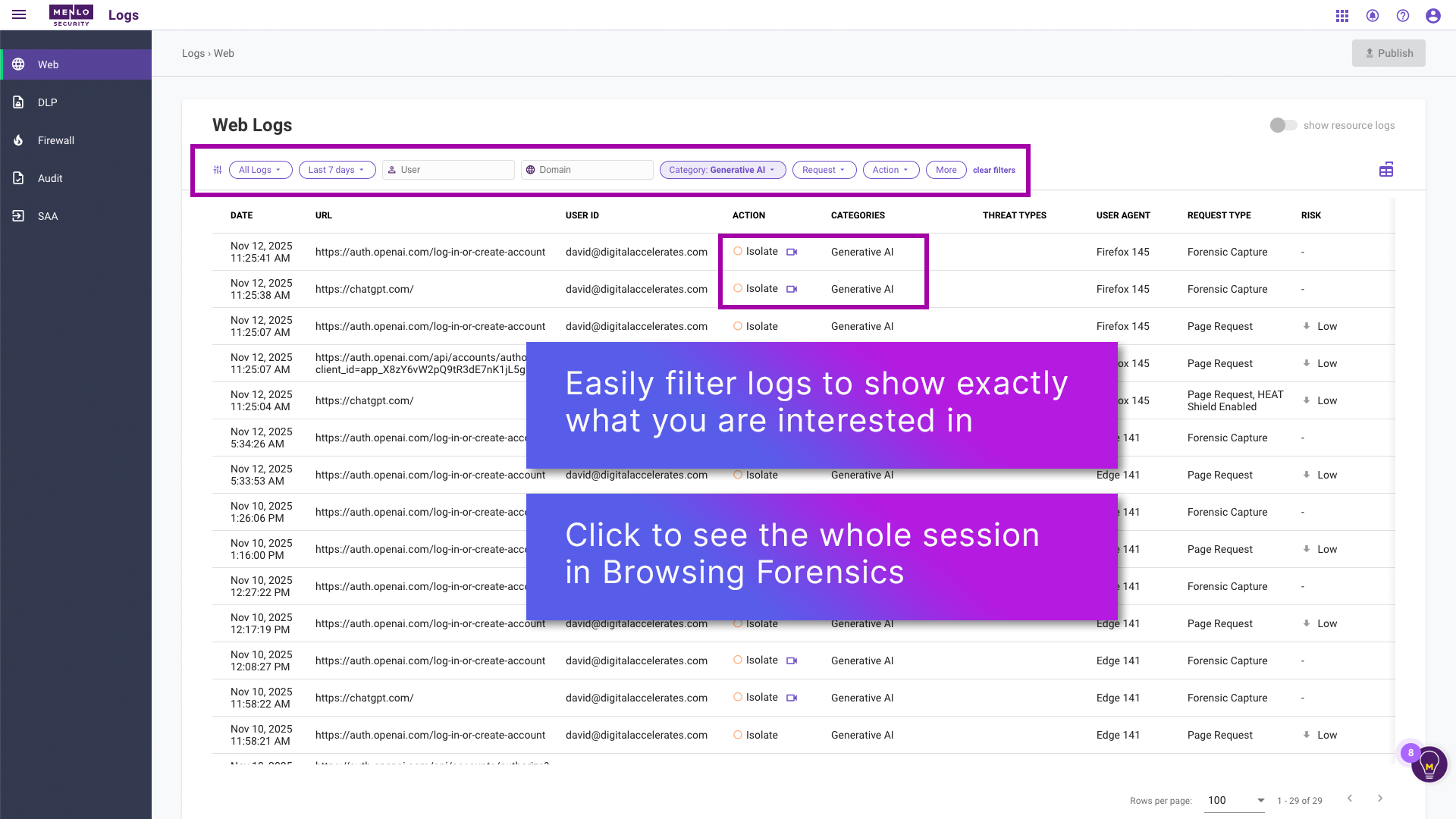 Access granular GenAI Logs for a complete audit trail of all user web activity. See every URL, user, and identified threat, like 'Zero-hour Phishing,' to isolate risks and maintain a detailed compliance record.