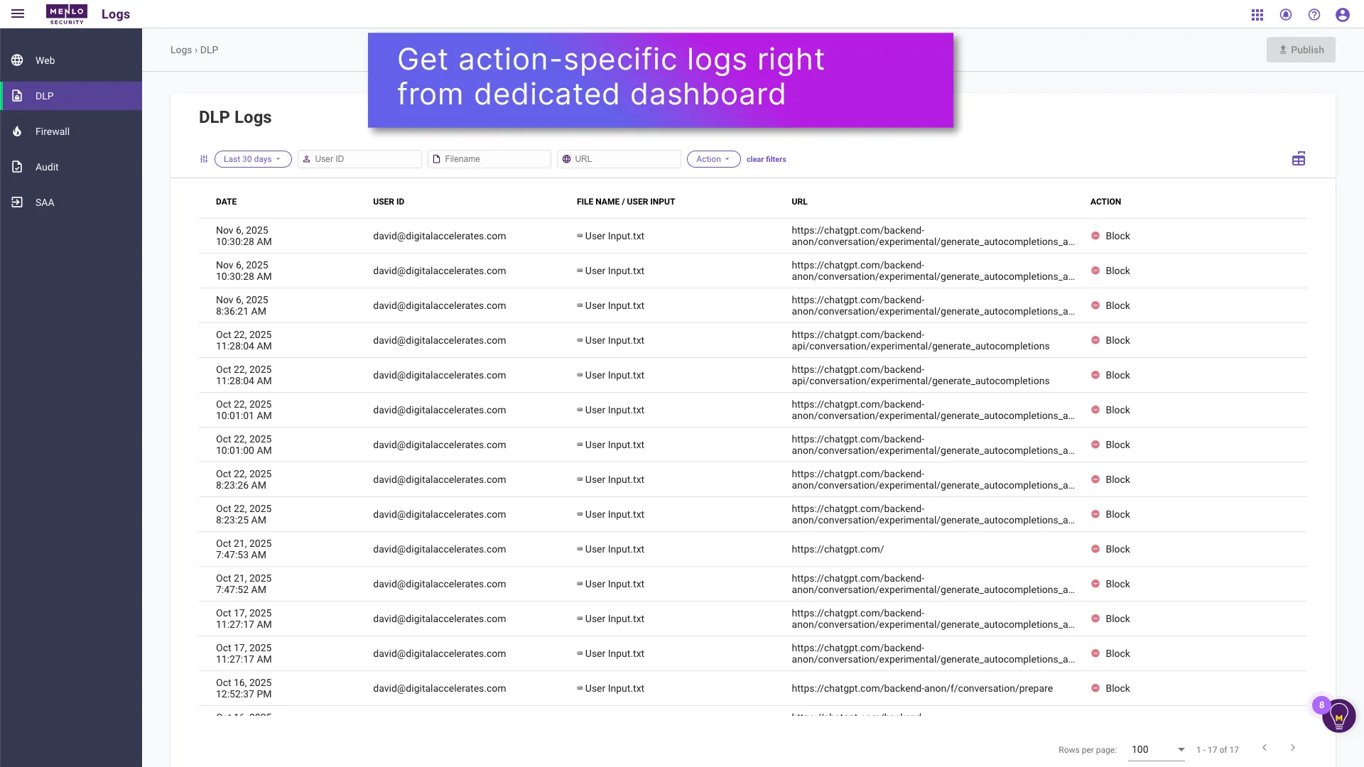 Track and monitor all Data Loss Prevention incidents from one dashboard. See real-time DLP violations, identify top users, and discover which cloud apps and GenAI sites like ChatGPT pose the highest risk to your sensitive data.