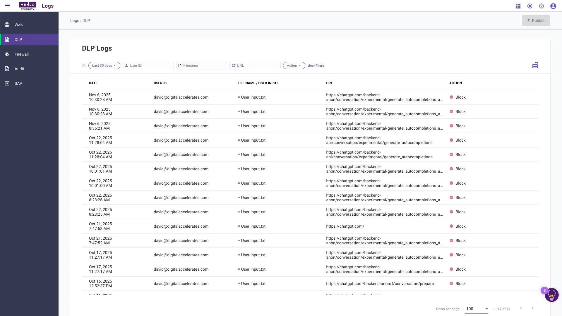 Get a granular audit trail of all data loss prevention events. The DLP Logs provide a detailed record of every policy violation, showing which users were blocked from sending sensitive user input to sites like ChatGPT.