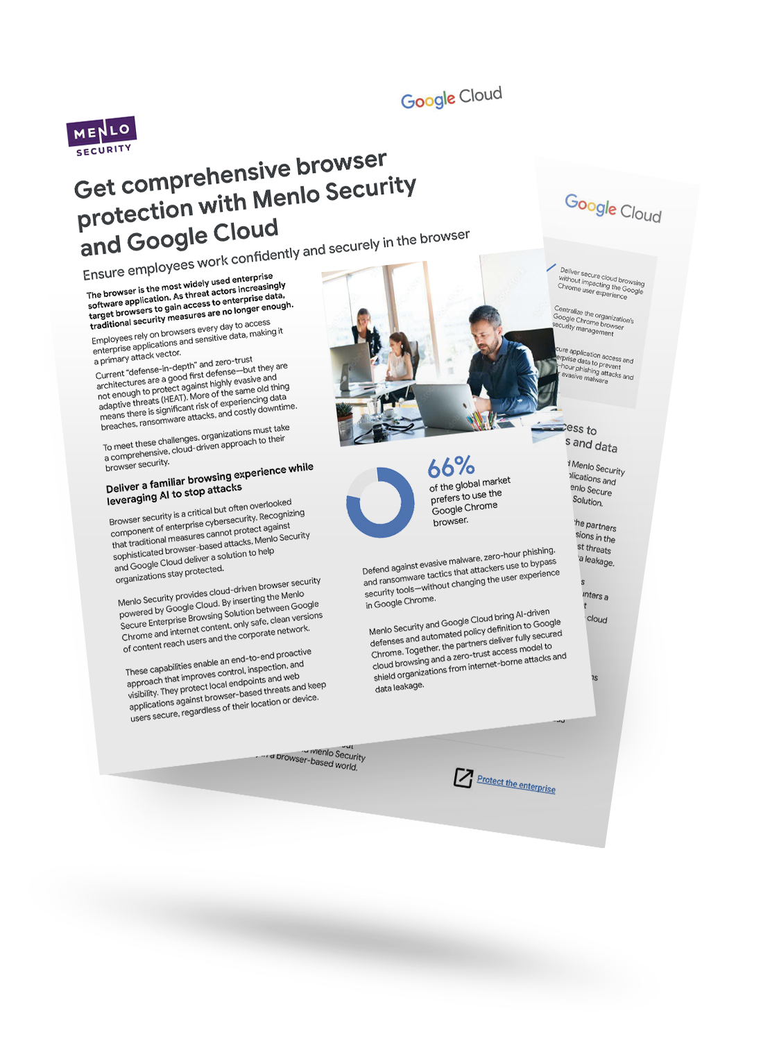 Menlo Security and Google Cloud solution brief highlighting comprehensive browser protection with secure browsing statistics and office workers using laptops.