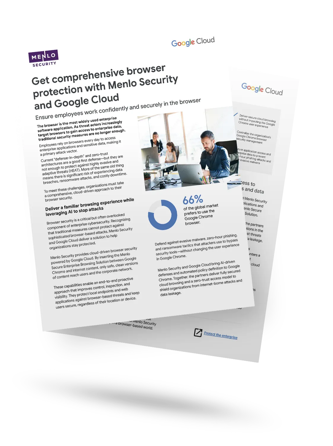 Menlo Security and Google Cloud solution brief highlighting comprehensive browser protection with secure browsing statistics and office workers using laptops.
