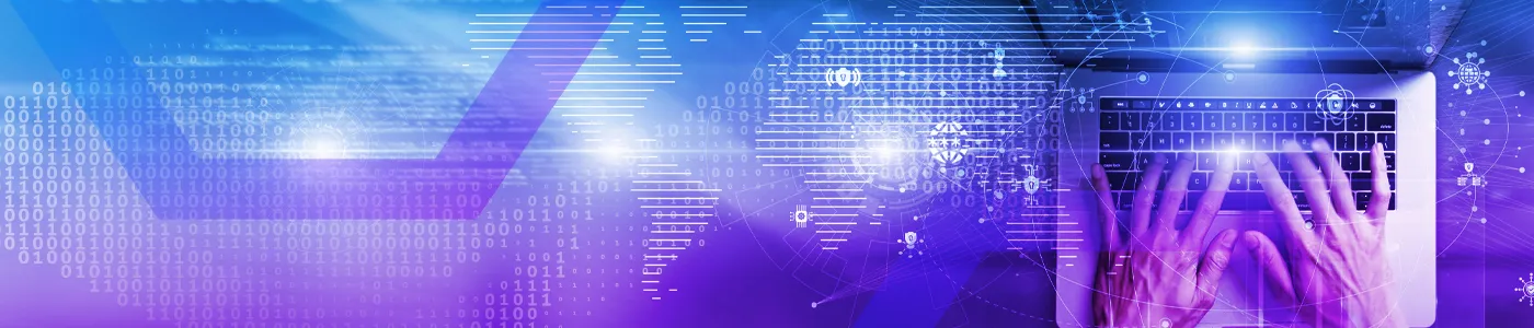 Webpage banner for Menlo DLP, featuring the headline 'Deepen Security with DLP Designed for the Browser' above a high-tech cybersecurity image of hands on a laptop.