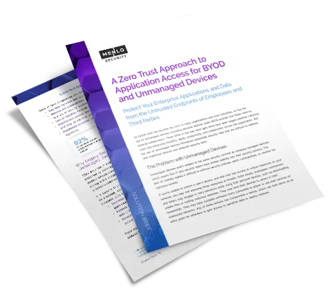 Cover of the Menlo Security white paper titled 'A Zero Trust Approach to Application Access for BYOD and Unmanaged Devices' used as a call-to-action.