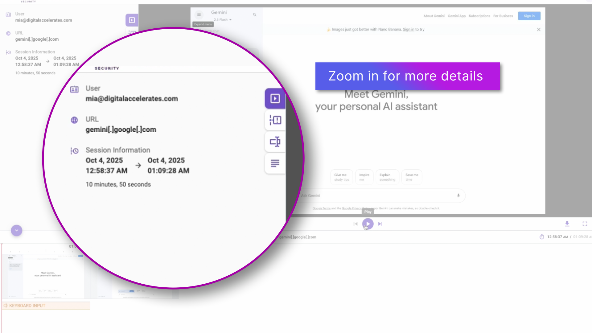 A screenshot of the 'Browsing Forensics Viewer' interface, demonstrating its session replay capability. The image shows a playback of a user's screen, with a large magnifying circle zooming in on a web dashboard to emphasize the 'Zoom in for More Details' feature.