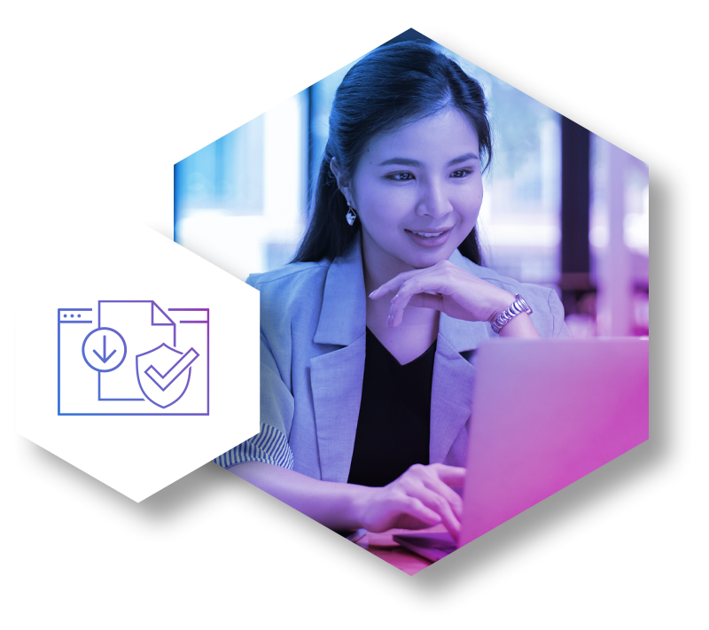 A woman in a blazer working on a laptop with a graphic of a secure file download icon next to her.
