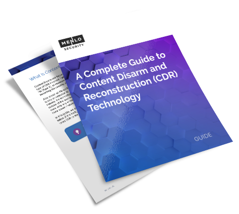 Menlo Security guide titled 'A Complete Guide to Content Disarm and Reconstruction (CDR) Technology' with a purple hexagonal pattern cover.