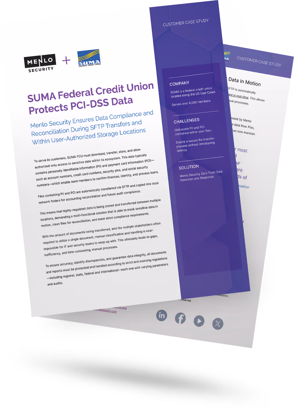 Two-page customer case study document showing Menlo Security and SUMA Federal Credit Union collaboration on protecting PCI-DSS data with secure SFTP transfers and data compliance.