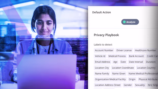 Woman working on a laptop with digital data overlays and a privacy playbook interface listing labels to detect such as Account Number, Driver License, and Medical Process.