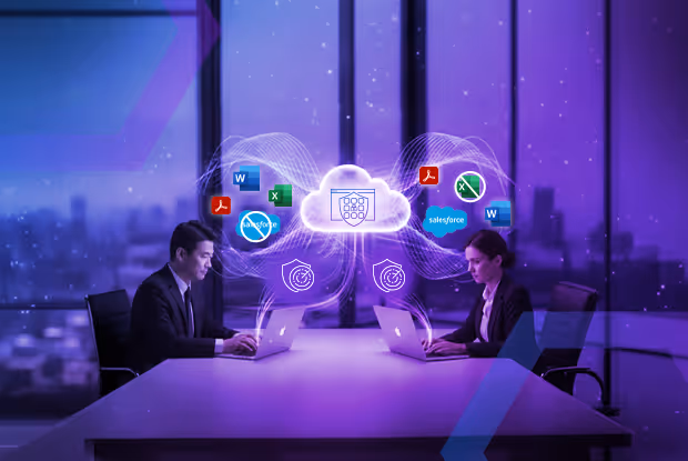 Two business professionals sitting at a conference table using laptops, connected through a cloud security graphic with icons for Word, Excel, Salesforce, and PDF files.