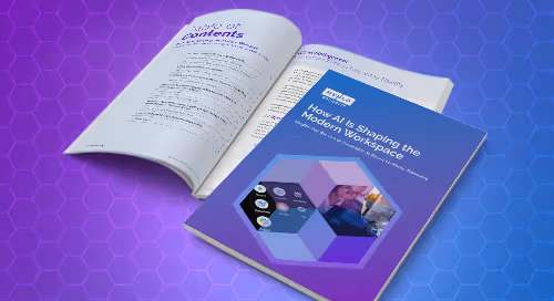 Report titled 'How AI Is Shaping the Modern Workspace' with a visible table of contents page on a purple and blue hexagonal background.