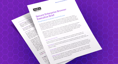 Two stacked pages of Menlo Security’s Secure Enterprise Browser Executive Brief on a purple hexagonal background.