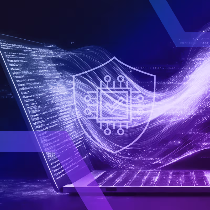 Open laptop with flowing digital data streams and a shield icon symbolizing cybersecurity and data protection.