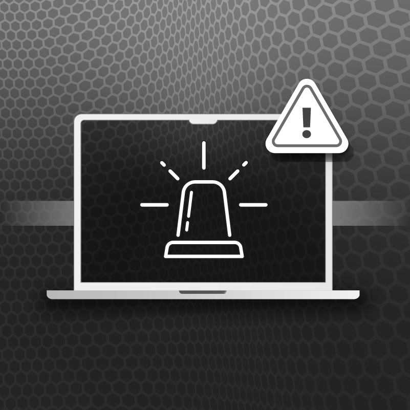 Laptop displaying a flashing alarm icon with an exclamation mark warning symbol on a blue and purple hexagonal background.