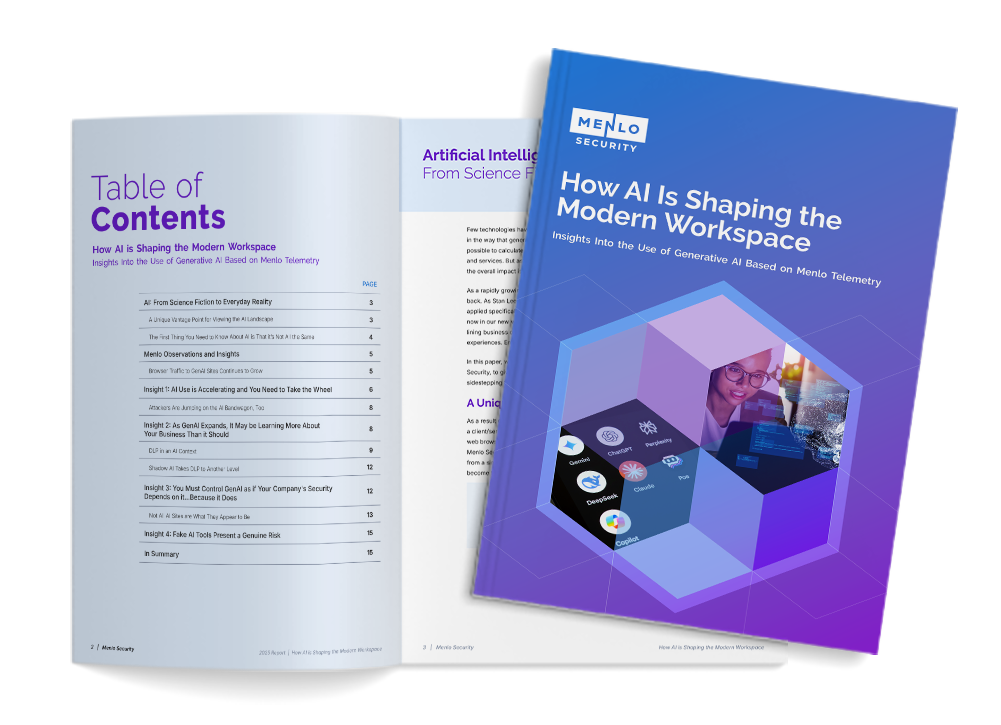 Cover and open pages of a Menlo Security report titled 'How AI Is Shaping the Modern Workspace' featuring AI-related graphics and a table of contents.
