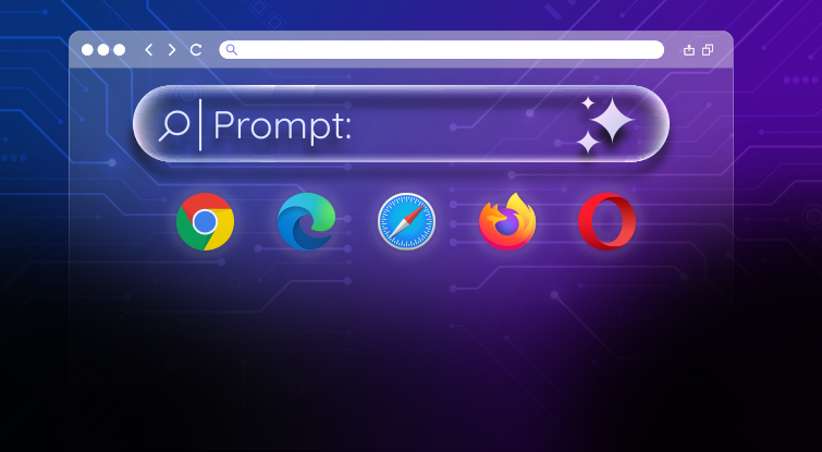 Browser window with icons of Google Chrome, Microsoft Edge, Safari, Mozilla Firefox, and Opera lined up on a purple and blue circuit board background.