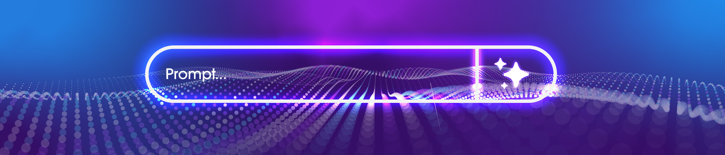 Glowing neon search bar with the word 'Prompt' and sparkle icon over a purple and blue digital wave background.