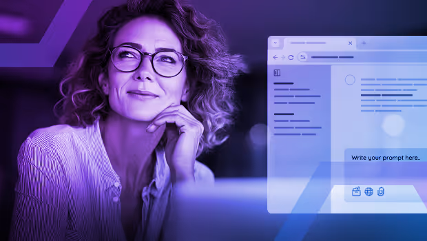 Woman with glasses thoughtfully looking to the side beside a translucent browser window displaying a text prompt input area.