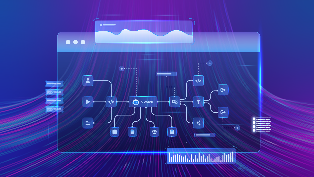 Digital flowchart showing AI agent processing data from user, video, and text inputs, filtering and outputting results on a futuristic blue and purple background.