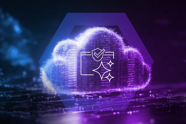 Glowing digital cloud made of data points with cybersecurity and sparkle icons, set against a dark futuristic background.