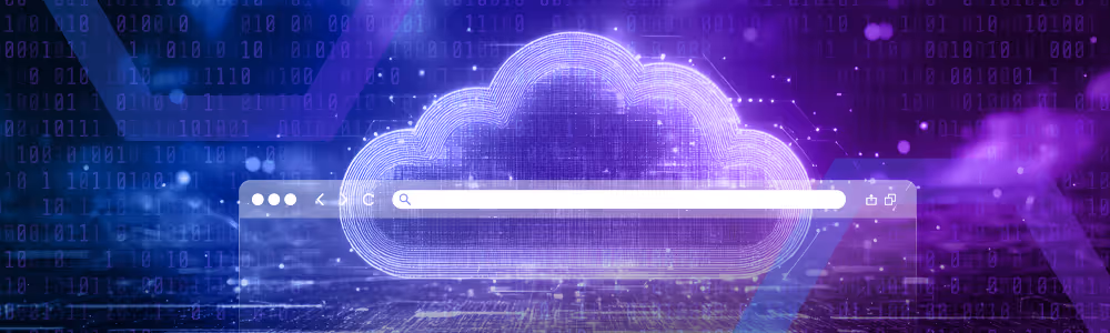 Digital cloud icon with a web browser search bar overlay against a background of binary code and abstract data graphics.