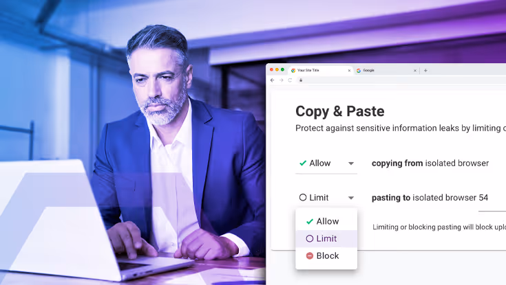 Man in a suit working on a laptop with a browser window showing copy and paste security settings including options to allow, limit, or block.