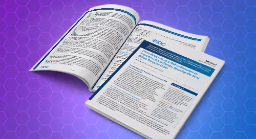 Printed IDC report titled 'Future Investments in Global Addresses of Data: Content Deployment, Self-Serve, Mobile Support & Open Data' displayed on a purple and blue hexagonal patterned background.