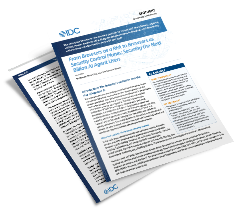 Stack of IDC report pages titled about browser risks and security for AI agent users.