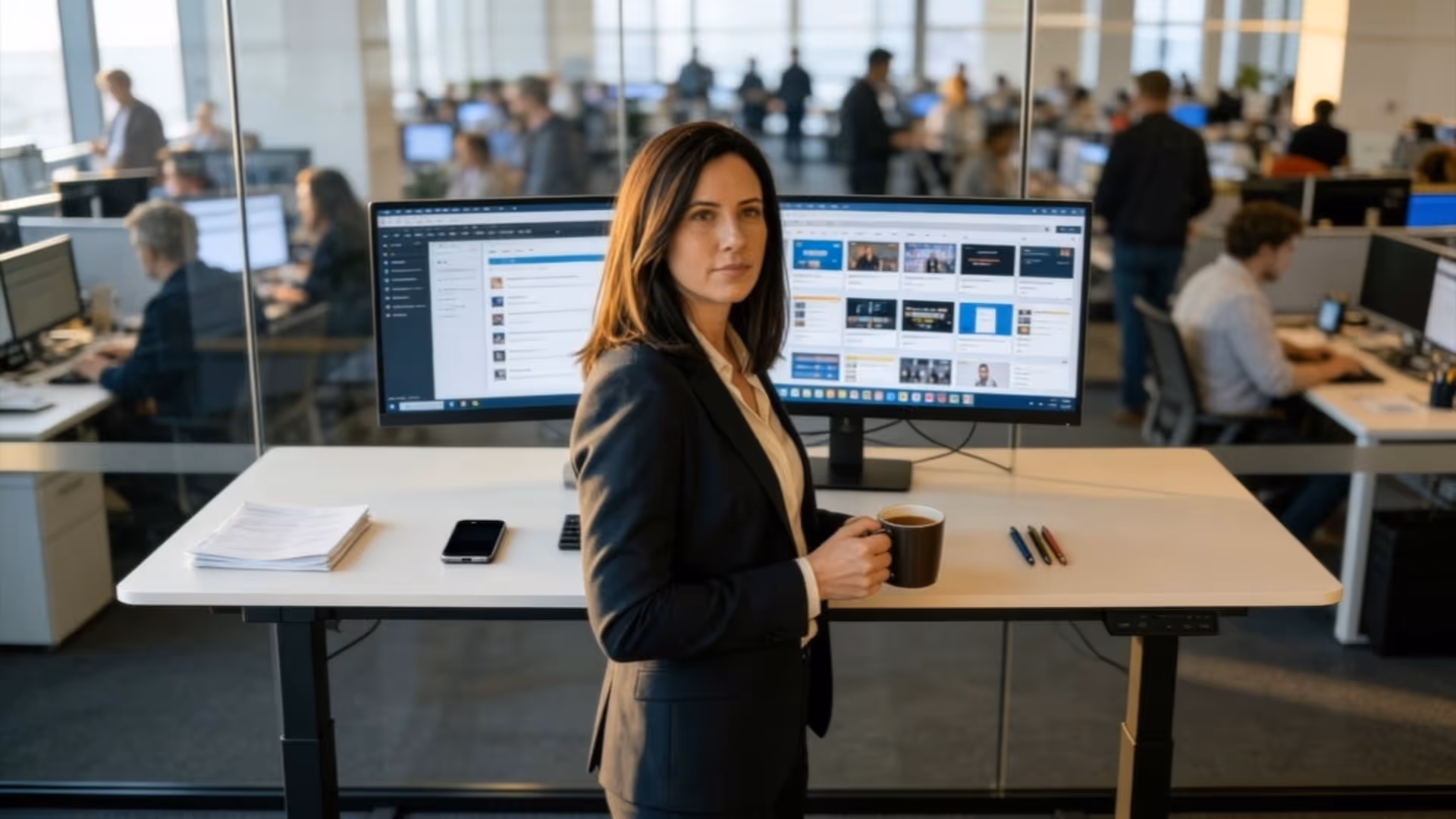 Professional woman in a suit holding a coffee mug in front of a desk with dual monitors in a busy office.