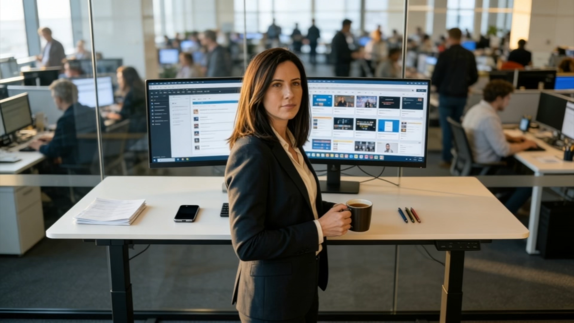 Professional woman in a suit holding a coffee mug in front of a desk with dual monitors in a busy office.